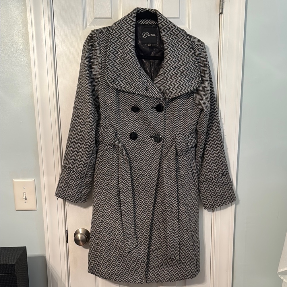 Vintage Guess Gray/Black Herringbone Double-Breasted Coat